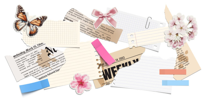 Trendy vector halftone elements for collage design. A set of cut out elements, notebook sheet, torn newspaper, sticker, flower, bow and adhesive tape.
