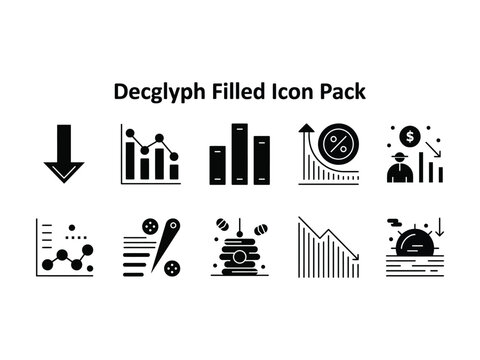 Collection of ten modern flat design icons representing financial growth and decline with charts and arrows isolated on transparent background