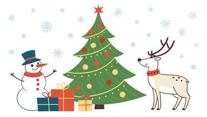 Christmas scene with decorated tree snowman and reindeer christmas reindeer © robi