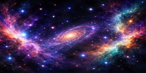An abstract dark blue cosmos galaxy background filled with bright stars, glowing nebulas, and deep outer space planet illustrations © StockVista Creations