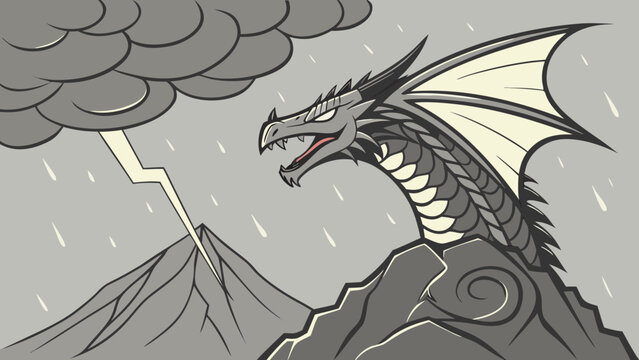 Illustration of a fantasy dragon amidst a stormy mountain landscape