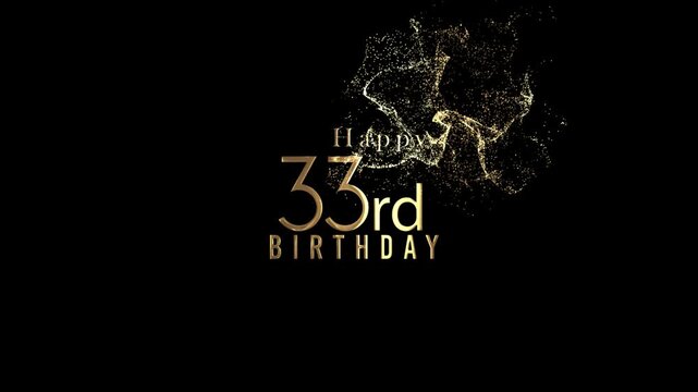 Happy 33rd birthday banner with gold particles and transparent background, alpha channel