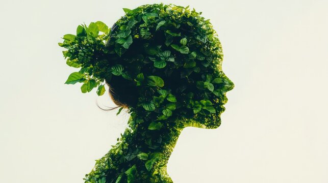 A silhouette of a woman's profile with leaves growing from her head, representing the interconnectedness of nature and humanity.