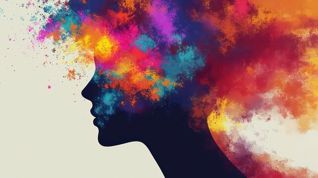A silhouette of a woman's profile with vibrant and colorful paint splatters exploding from her head. The image suggests creativity, energy, and imagination.