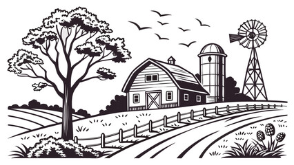 Black and white farm landscape illustration with barn silo and windmill © Basunia