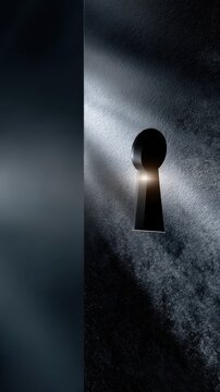 Mysterious glowing light shining through an old-fashioned keyhole on a textured dark wall creating an atmosphere of curiosity and intrigue in a low-lit setting