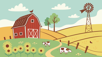 Cartoon farm illustration with barn windmill sunflowers and grazing cows © Basunia