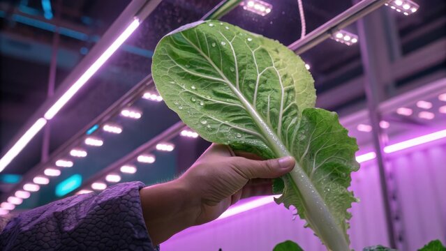 Hydroponic leafy green plant under grow lights