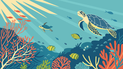 Underwater coral reef scene with sea turtles underwater wildlife swimming © Basunia