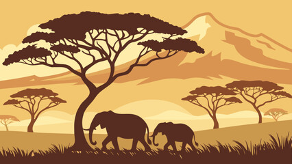 Elephant silhouette family walking across african savannah at sunset © Basunia