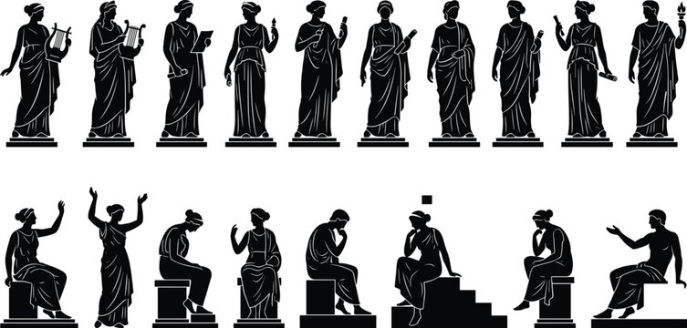 Classical statue silhouette illustration with Greek and Roman figures, muses, deities, seated and standing ancient art vector elements