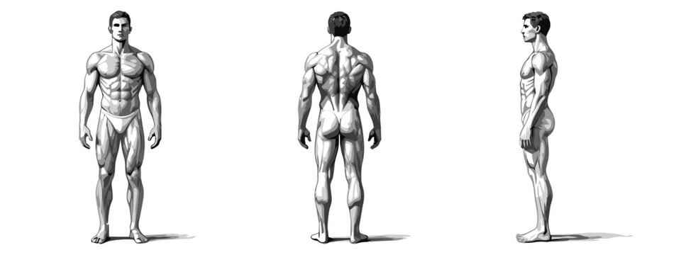 Vector illustration of muscular man in three poses showing physique