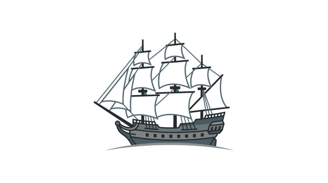 Vintage Tall Ship Illustration: Majestic Galleon with Full Sails on White Background