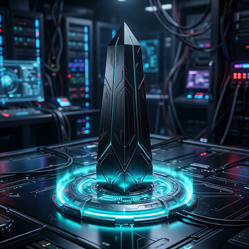 Futuristic Monolith with Glowing Neon Ring in High-Tech Server Room