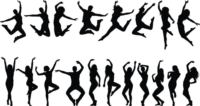 Dance silhouette illustration with jumping, leaping, rhythmic poses, expressive human movement, and dynamic performance vector elements