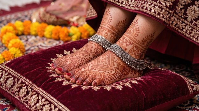 Indian Bride Feet with Traditional Mehndi Henna Design and Silver Anklets Resting on Velvet Cushion for Wedding Ceremony Rituals