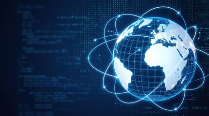 Fototapeta premium Digital Global Network Connectivity Concept with Glowing Earth Globe and Binary Code Background for Cybersecurity and International Data Communication Technology