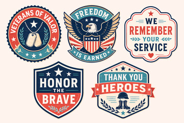 Fototapeta premium Set of five vintage patriotic and military-themed badges honoring veterans and heroes with American symbols.
