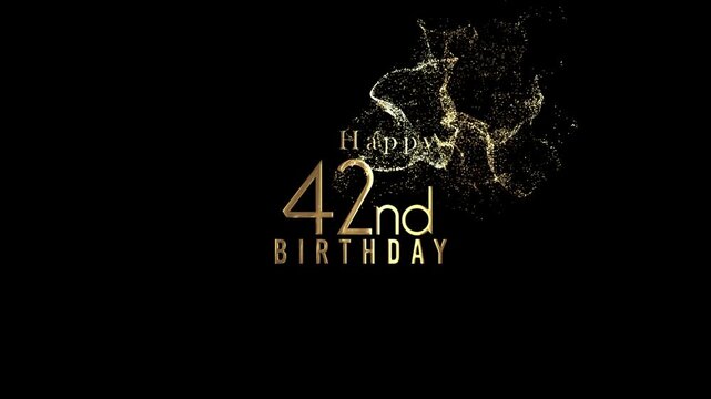 Happy 42nd birthday banner with gold particles and transparent background, alpha channel