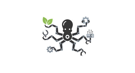 A stylized mechanical octopus icon holding various industrial tools and green leaves © Arisa