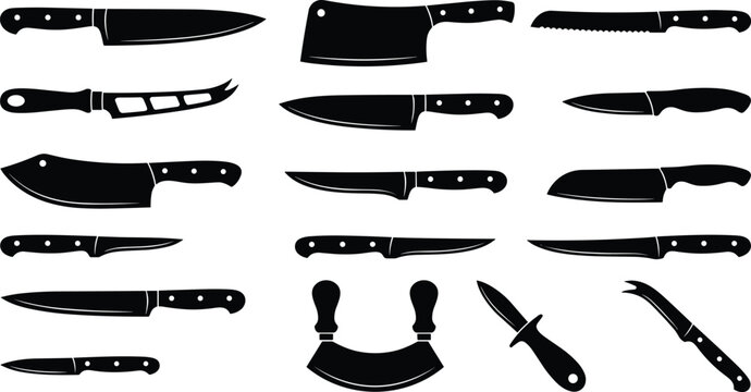 Kitchen knife silhouette illustration with chef&rsquo;s knife, cleaver, bread knife, carving knife, paring knife, and culinary tool vector elements