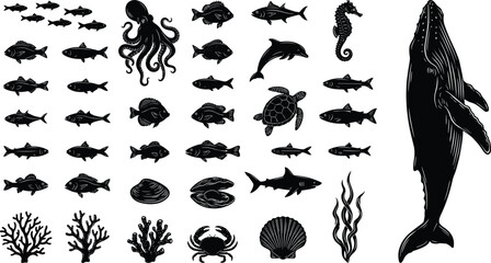 Marine animal silhouette illustration with fish, dolphin, whale, shark, octopus, turtle, seahorse, crab, coral, and ocean vector elements © Sheikh