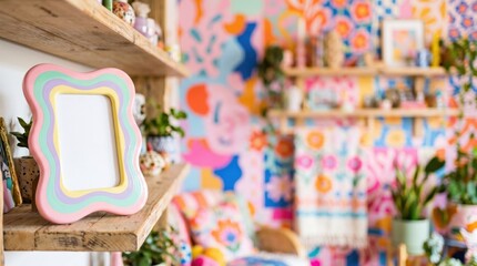 Fototapeta premium Pastel Wavy Picture Frame on Wooden Shelf in Colorful Maximalist Living Room Interior Decor Mockup for Creative Home Design and Vibrant Artistic Lifestyle Photography