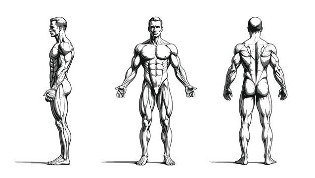 Vector illustration of muscular man in three poses showing body muscles