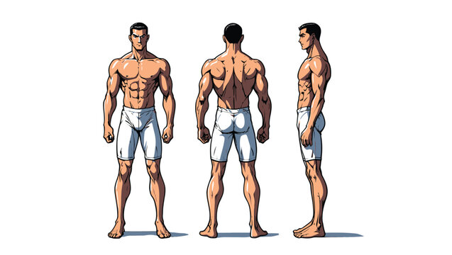 Vector illustration of muscular man in white shorts from different angles