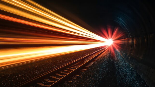 A train streaks through a dark tunnel, its headlights creating a bright, orange light trail.