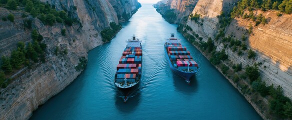 Fototapeta premium Freight ships navigate a narrow ocean channel with rugged cliffs and turquoise waters under a sunny sky.