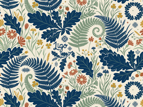 Light botanical Ligo festival seamless pattern with fern branches, oak leaves, cheese and beer. Midsummer morning vector background, summer solstice folklore illustration, fresh cream and blue colors