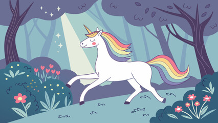 Cute magical unicorn running in a fantasy enchanted forest with radiant light © siri