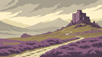 Illustration of ancient medieval stone castle on hilltop under cloudy sky © Ety