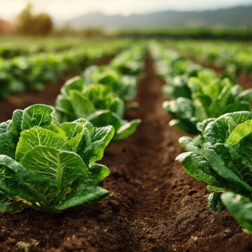 Fresh green lettuce heads growing in neat rows on a fertile farm field during a sunny day with mountains in the distant background