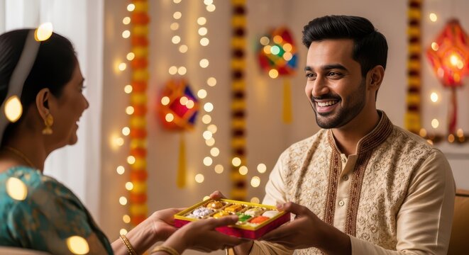 Young Indian man and woman exchanging traditional sweets box during festive celebration at home, happy couple sharing mithai gift for Diwali or cultural holiday