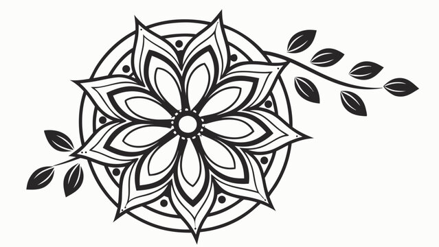 Circular floral pattern design with branch and leaf elements, botanical