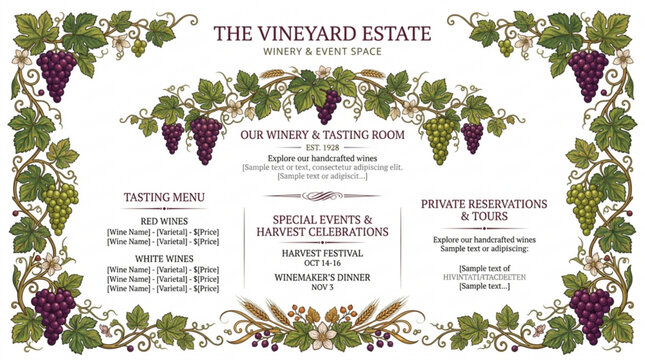 Elegant winery tasting menu template with hand-drawn grapevine illustrations and floral borders
