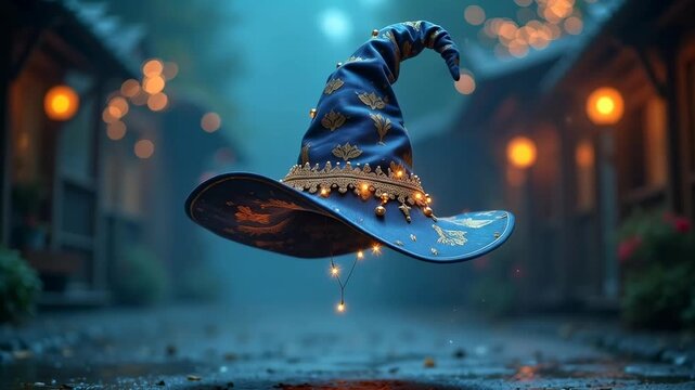 Blue wizard hat adorned with golden embellishments and lights floats above a cobblestone path in a misty, enchanting village setting at dusk
