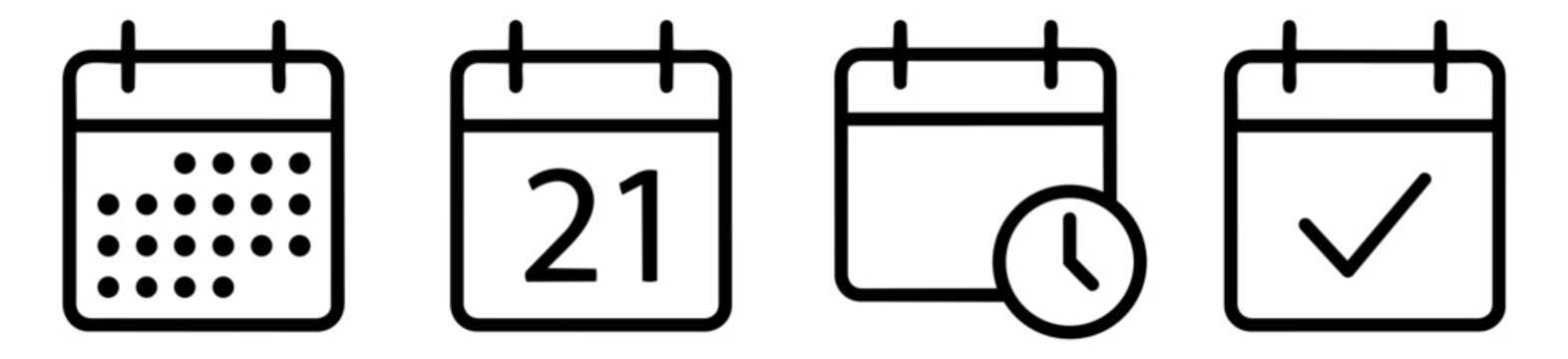 Four black and white icons of calendars and planners on a white background with black outlines and details showing different views of a calendar and planner with clock and checkmark
