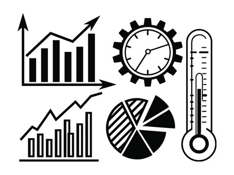 Collection of business icons including bar charts pie chart clock and thermometer isolated on transparent background for presentations