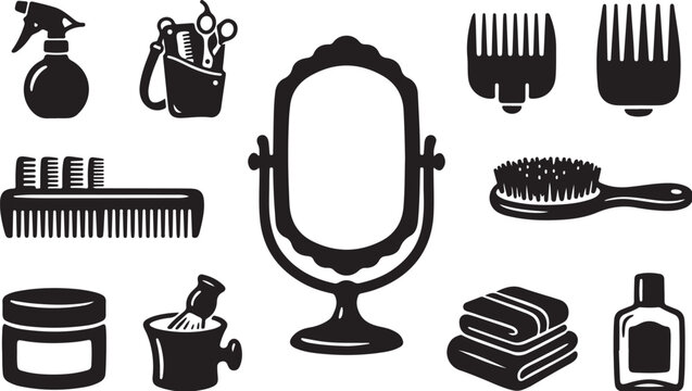 Black and white barber shop tools illustration set