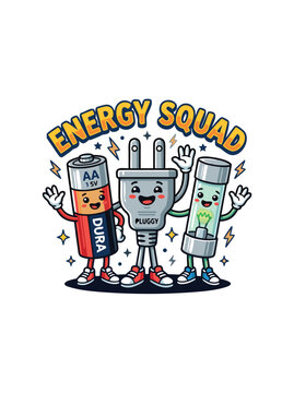 Energy squad cartoon characters battery plug and fuse with character electricity components
