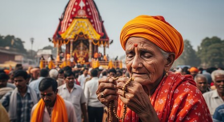 Obraz premium Elderly Indian woman praying with prayer beads at a religious festival, spiritual devotion and faith concept, portrait of a senior Hindu woman in traditional attire