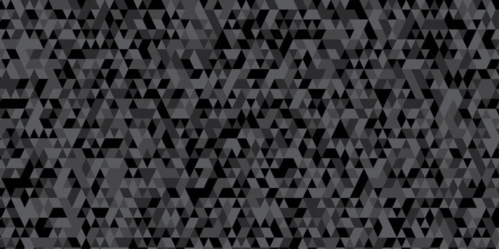 Abstract geometric black and gray background seamless mosaic and low polygon triangle texture wallpaper. Triangle shape retro wall grid pattern geometric ornament tile vector square element.