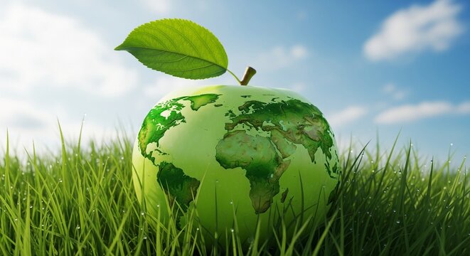 Green apple with earth globe map in fresh dewy grass under blue sky, symbolizing global environmental sustainability.