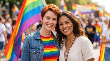 Fototapeta premium Two women smiling at LGBTQ Pride Parade, wearing rainbow clothing and face paint, with colorful flags and a crowd of participants in the background
