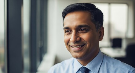 Obraz premium Portrait of a confident South Asian businessman in his 30s smiling in a modern office, representing professional success, corporate leadership, and career growth