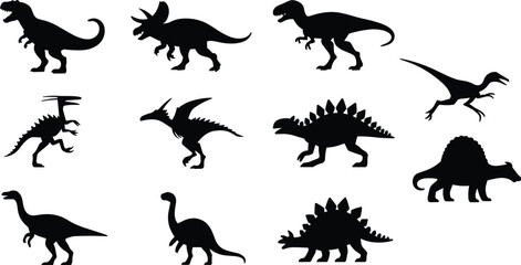 Dinosaur Silhouette Vector Collection Featuring Tyrannosaurus Triceratops Stegosaurus Spinosaurus and Prehistoric Reptile Icon Set © Mst