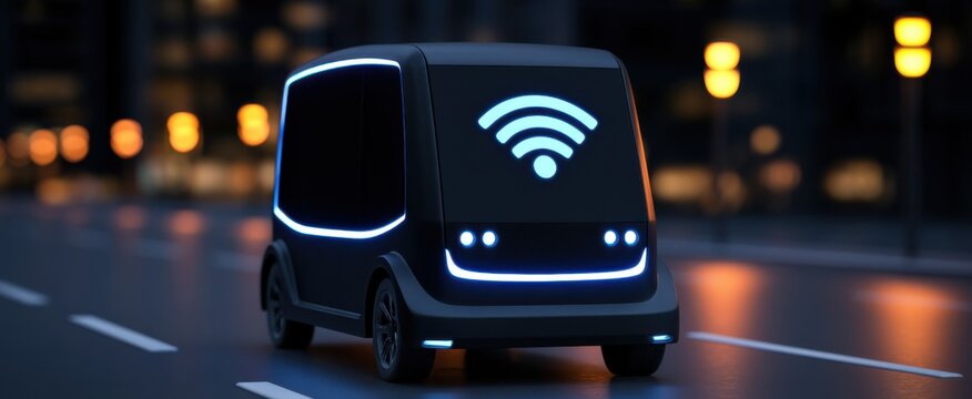 Autonomous electric shuttle AI Artificial Intelligence or driverless van as a robo-shuttle smart wireless technology concept with an autonomous vehicle icon representing future urban transport